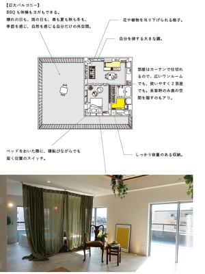 玄関のある側に水回りを集約、その奥をキッチンとリビング的な空間にし、残りを寝室的に使うように想定されている(同社ホームページから)