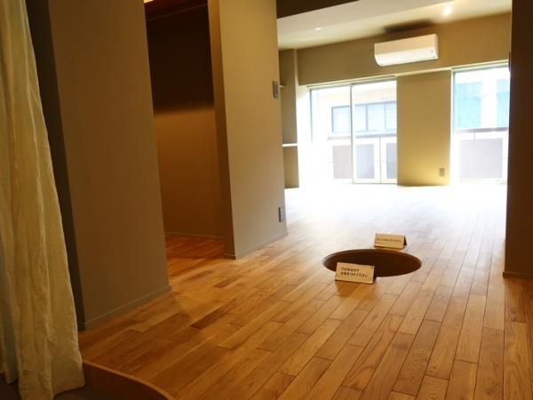 部屋の中央に穴。手前の玄関側は寝室など、穴の向こう、バルコニー側は仕事空間的な分け方になっているらしい。写真手前は一段低くなった、カーテンで囲うことができる場所(筆者撮影)