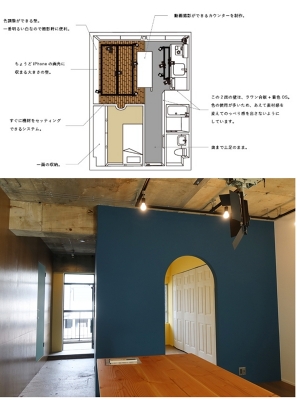 上/解説の入った図面(同社ホームページから)、下/スタジオとして使えるエリアから玄関側を見たところ。右側に収納たっぷりの個室が作られている。テーブルのあるスタジオ部分は天井に各種機材を設置できる仕様(筆者撮影)