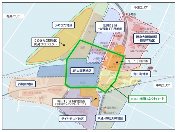 「芝田1丁目計画」を含めた大阪梅田エリア(画像引用:阪急阪神ホールディングス株式会社 阪急阪神不動産株式会社「梅田ビジョン」を発表-世界と関西をつなぐ「国際交流拠点」を目指す-)