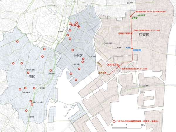 3区における市街地再開発事業の位置(事業中・都決済)、有楽町線延伸の位置 ※出典:江東区(2025年10月)『地下鉄8号線(豊洲~住吉間)延伸リーフレット』、国土数値情報、東京都(2025年10月)市街地再開発事業地区一覧より著者作成