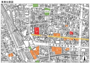 豊橋市が支援する民間再開発事業の位置図。2000年代から始まり、その多くが高層マンションだ(オレンジが完了、赤が事業中) ※出典:豊橋市まちなか活性課
