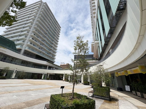 奥に見える豊橋駅から至近の「emCAMPUS」。手前のEAST棟には市立の「まちなか図書館」や行政機関、カフェや店舗、大学のサテライトオフィスなどが入り、上部は住宅になっている