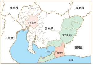 豊橋市のエリア説明図。豊橋市は静岡県とも一体感をもちながら、名古屋や豊田とは異なる独自の経済圏をつくり上げている ※出典:豊橋市中心市街地活性化基本計画2026-2031