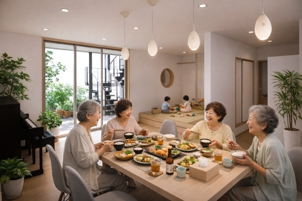 1階の平面図。中央にみんなの庭、みんなの部屋がある(画像提供/としまち研)