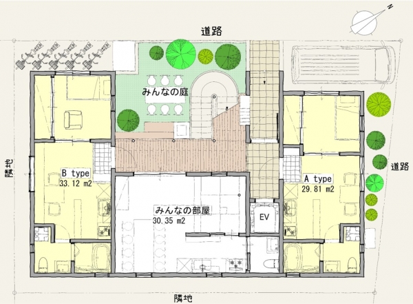 1階の平面図。中央にみんなの庭、みんなの部屋がある(画像提供/としまち研)