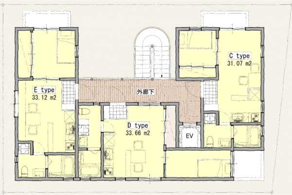 1階の平面図。中央にみんなの庭、みんなの部屋がある(画像提供/としまち研)