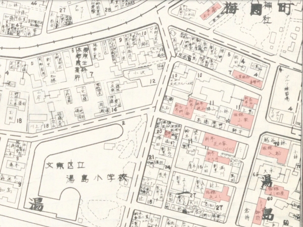 湯島小学校東部における料亭・旅館の位置 ※住宅協会(1961年)『東京都全住宅案内図帳文京区』、文京区立図書館