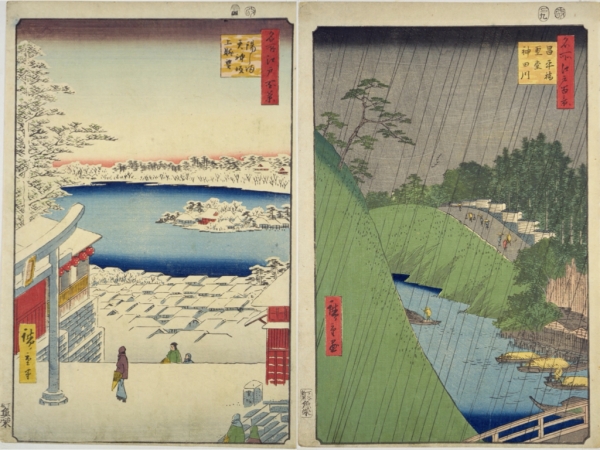 左:広重『名所江戸百景 湯しま天神坂上眺望』、魚栄、安政3。右:広重『名所江戸百景 昌平橋聖堂神田川』、魚栄、安政4 ※出典:国立国会図書館デジタルコレクション