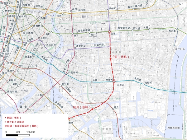 有楽町線延伸と周辺路線。新駅位置は概略。※出典:国土数値情報、東京メトロ・江東区資料、地理院タイルを基に作成。