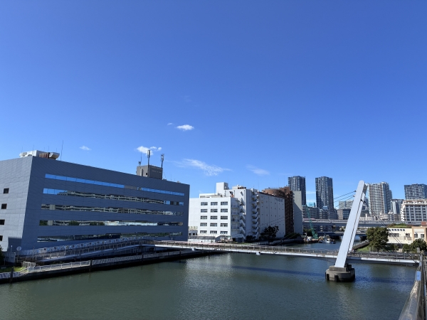しおかぜ橋から枝川方面を望む。汐見運河沿いには事業所が並ぶ。※2026年9月撮影。