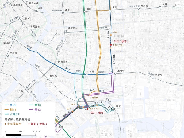 主要バス路線と既存駅への徒歩経路例。2026年9月14日、新駅出入口は未反映。※出典:都営バスGTFS、国土数値情報、東京メトロ・江東区、© OpenStreetMap contributors、地理院タイル。