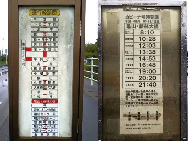 国道465号上にある上総亀山駅最寄りのバス停には、千葉と鴨川を結ぶ「カピーナ号」が停車する(筆者撮影)