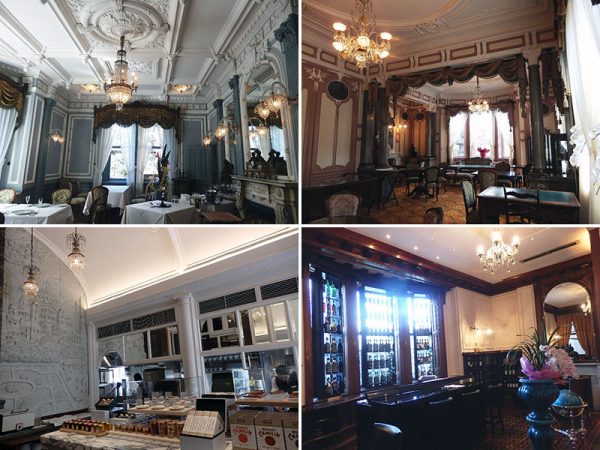 （画像左上）「食堂の間」現在はフレンチレストランの『ル シェーヌ』 <br>（画像右上）「迎賓の間」午後はアフタヌーンティー専門の部屋として利用することができる<br>（画像左下）2016年2月のリニューアルで温室は手作りの生ケーキや焼き菓子を販売するブティックに。壁のレリーフはイスラムのモスク。村井吉兵衛にちなんだ、たばこのパッケージにたばこの形をしたお菓子や、葉巻そっくりのチョコレートなどが販売されていた<br>（画像右下）村井吉兵衛の書斎はバー「マデイラ」に。本棚に並んだワインのなかには100年以上前のヴィンテージワインもあるそうだ