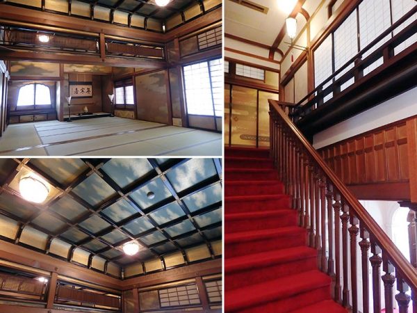 （画像左上）「御成の間」。床の間の脇には違い棚。掛け軸「無寒暑」は藤井善三郎の書。（画像左下）格天井には村井家家紋の柏が。（画像右）3階和室に向かう階段は手すりの造りもガラリと変わり和風に