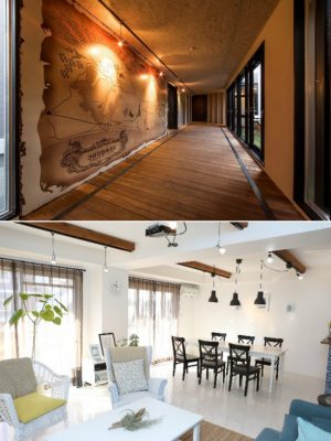 （写真上）廊下の床材には天竜杉を使用。10年後にはこれを古材として使い、家具などを作るプロジェクトも進行中だ<BR />
（写真下）女子寮を改築して作られたシェアハウスも2016年に「365BASE」へコンセプトを統一。地中海アウトドアをテーマにリビングをリニューアルした