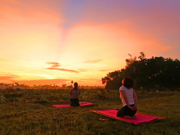 PREAH GARDEN（プレアガーデン）でのヨガ風景。ヨガをする後ろを牛が散歩することも