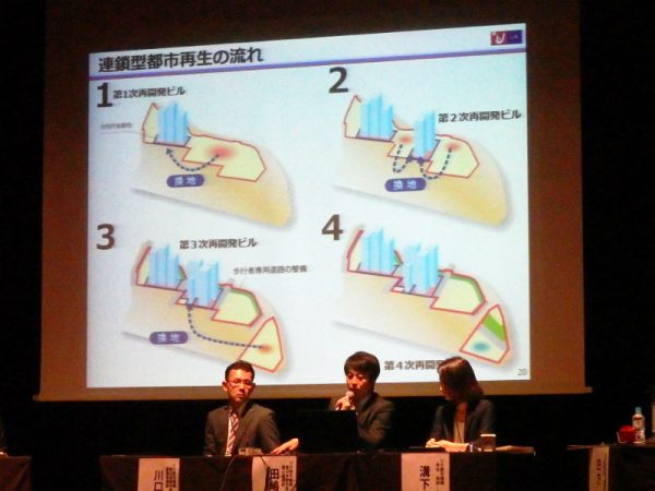 建替えを希望する地権者の土地を合同庁舎跡地に集約換地し、段階的、連続的に建て替え事業を行う流れ。<BR />
「大手町連鎖型都市再生プロジェクト」の概要について発表する東日本都市再生本部 田嶋靖夫氏
