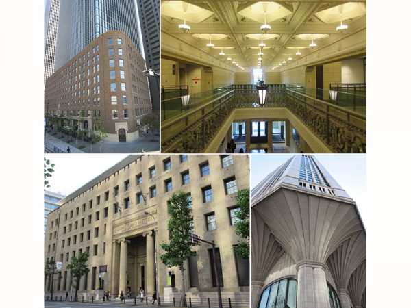 2013年に建て替えられたダイビル本館（上左）には元の建物の彫刻やタイル、レンガなどが再利用された（上右）。三井住友銀行大阪本店ビル（下左）や大同生命保険大阪本社ビル（下右）は威風堂々と立つ