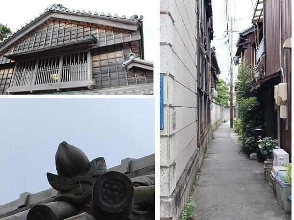 （右）世古と呼ばれる細い路地。雨水の排水路としての役割もあったという</BR>（左上）切妻の屋根と出格子（左下）隅蓋。実を多くつける桃は縁起がよいものとして使われた