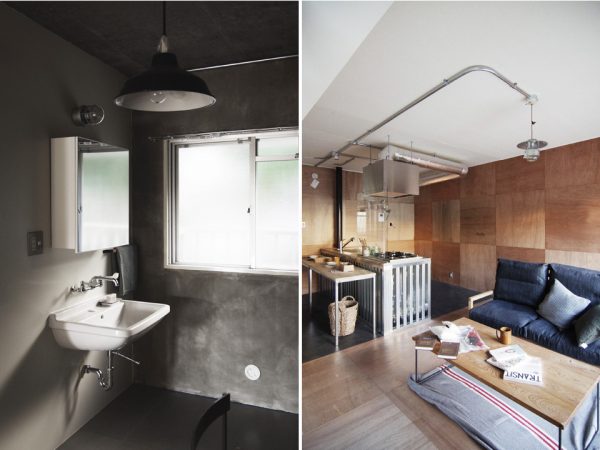 ▲コンクリートの構造壁にモルタルを重ねて美しく仕上げた水回り（鳴海団地）。ベニア板仕上げの壁は苦労のたまもの（豊成団地）