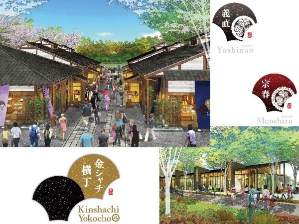 ▲左上：名古屋城正門前の『義直ゾーン』は名古屋の生活文化や食文化を楽しむ横丁で、<br />第一期整備事業では8店舗がオープン予定となっている。<br />右下：名古屋城東門前の『宗春ゾーン』は第一期7店舗のオープンを予定。<br />地下鉄駅にも近いことから、観光客だけでなく一般市民もターゲットに含めた利便施設として計画されている