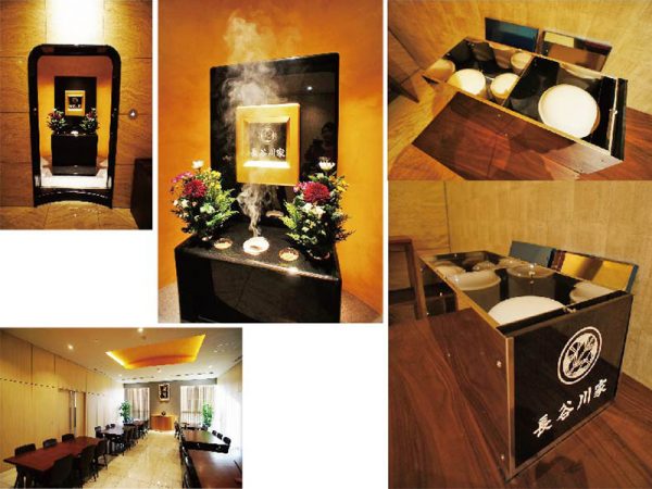 ▲一般的な墓地の場合、一区画は平均200万円・年間管理料は5000円前後だというが、<br />花や線香が要らず、墓石磨きや草取りなど掃除の手間が省けることを考えると<br />1ヶ月1000円という管理料はリーズナブルだと言えるかもしれない。<br />左下：参拝ブースのお隣には無料でお茶が飲める休憩スペースも用意されている。<br />右2点：遺骨を納めるステンレスのボックス。これが“終のあとの棲家”となる（写真のボックスはサンプル）