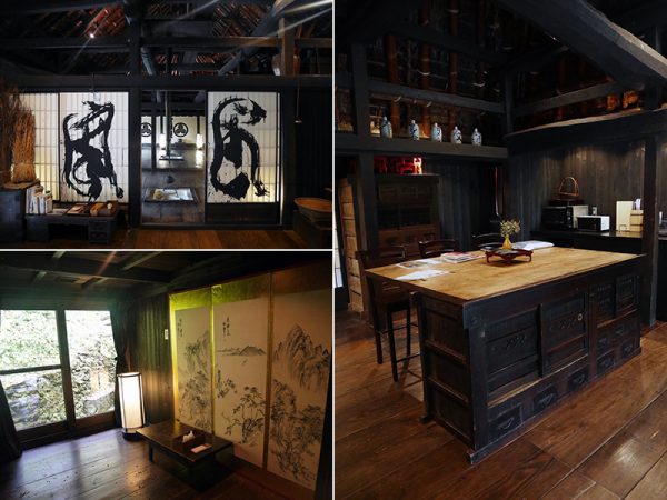 （左上）ふすまの文字は、書を嗜むアレックス氏が書いたもの。「篪庵」と書かれている。<br>（左下）4畳ほどの小さな部屋がふたつ。（右）タンスをオーダーメイドでテーブルに