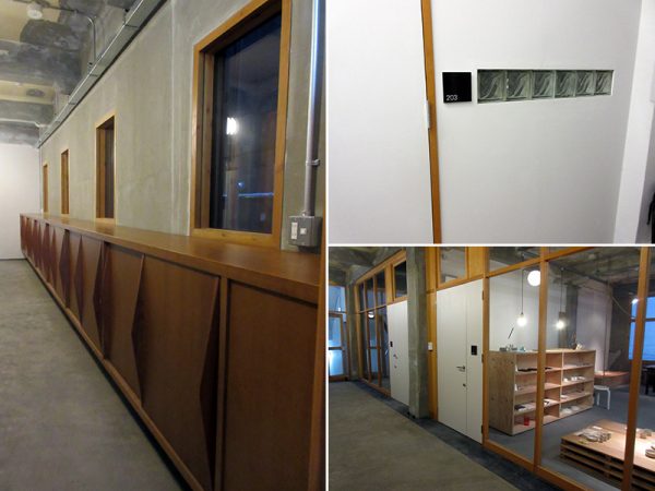 かつて製薬会社で使われていたという建具（左）やレトロビルで使われていたガラスブロック（右上）もリノベーションに生かされた。新しいテナントも入居（右下）