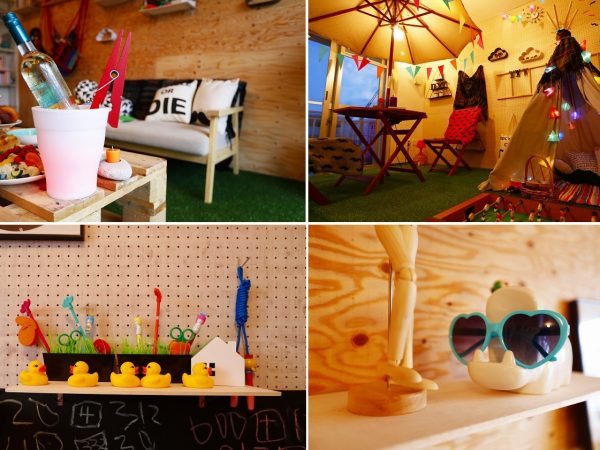 ▲フラワーポットを使ったワインクーラー、ソープディッシュのサングラス置き、歯ブラシ立てを使ったペン立てなど柔軟な発想がいっぱい。お店には照明の商品も多いため、夜のシーンも提案されている