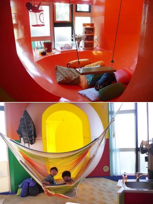 上）球体の部屋に取り付けられたブランコ。使う人のアイディアによって様々な使い方ができるのも面白い　下）天井の金具を使ってハンモックを設置することも出来る