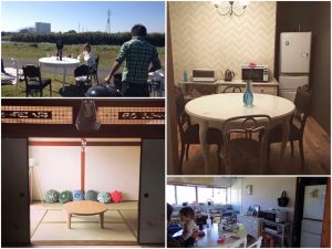 外でのBBQの様子（左上）と、室内の様子。キッチンの壁紙はイメージと違ったためさらに張替え中。「作り続けていくシェアハウス」というのもおもしろい