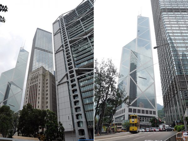 刀を彷彿させるフォルムの中国銀行香港支社ビル。緊張感が迫る三角をモチーフにしたデザイン