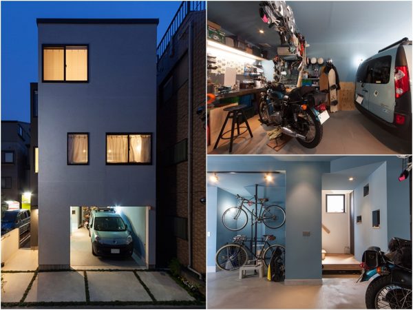 東京都内、敷地面積66.3m2（約20.0坪）、建築面積37.1m2（約11.2坪）の施工例。約6坪のガレージに車1台、バイク2台、自転車2台が収まる。ご自身でメンテナンスを行うため作業スペースを設けたほか、エアコン・換気扇・水栓と設備も整えられている</br>（撮影／株式会社アトリエ・フロール）
