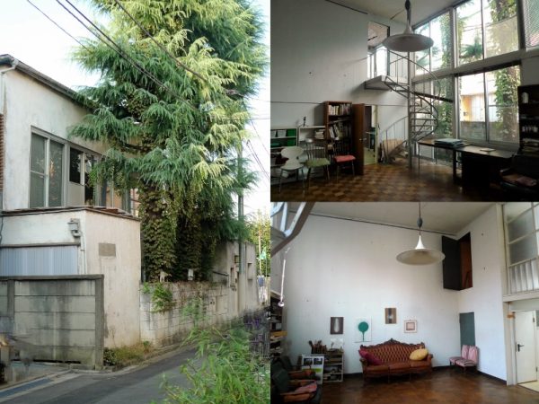 左）現在の三岸アトリエ外観。住宅街のなかにたたずんでいる</BR>右上・下）現在のアトリエの画室。三岸アトリエは建物外観の造形に対しての登録有形文化財認定だが、地元・中野区の学芸員から「区の貴重な文化財でもあるので、内観も変えずに保存してほしい」と要請されたという