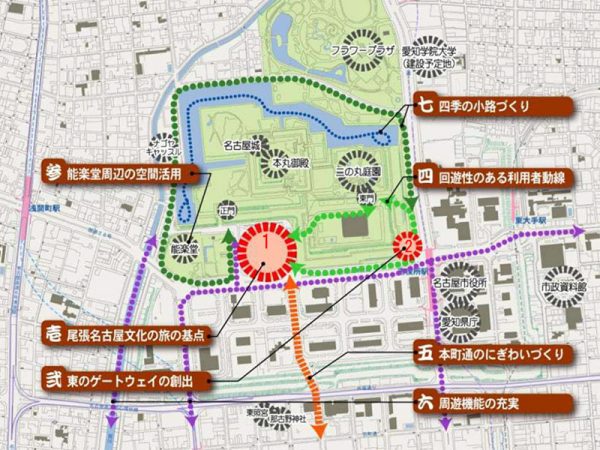 ▲『金シャチ横丁』の第一期整備事業として平成29（2017）年2月に商業施設建設着工予定となっているのが、<br />名古屋城の2つの主要出入り口となる正門前（マップ内1）と東門前（マップ内2）。<br />正門は主に観光バスやタクシーなど車を利用して訪れる人、東門は地下鉄『市役所』駅を利用して訪れる人の動線入口となる。<br />この2つの門の前に名古屋名物の食事処や土産物店が集まるテナント施設をつくることによって<br />名古屋城への集客や地域の賑わいを新たに創出する狙いだ。<br />上図内に記載されているように、今後は観光地『名古屋城』を中心とした周辺エリアへの回遊性や連動性、<br />名古屋駅からの交通手段の整備など、7つの柱の基本構想を掲げている