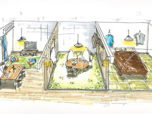 「Nakaniwa Life」のイメージパース。中庭風の室内は羽目板の壁や窓があり、屋外の雰囲気に（尾上団地）