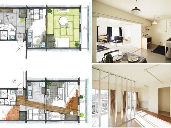 ▲『鳴海団地』の2タイプ。写真下の『斜めに廊下』プランは、床材の種類を変えて「家の中を通り抜ける廊下」を演出し、空間をさりげなく仕切っているのがアイデアだ