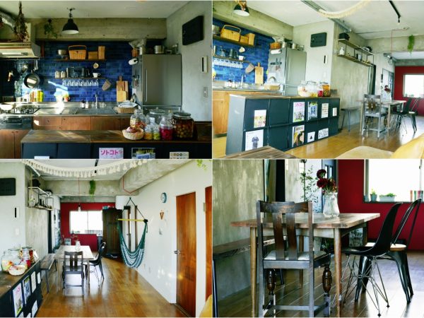 左上から時計周りにキッチン、キッチンから入口方面、リビング、リビングに置かれた共用の家具。いずれも良い雰囲気