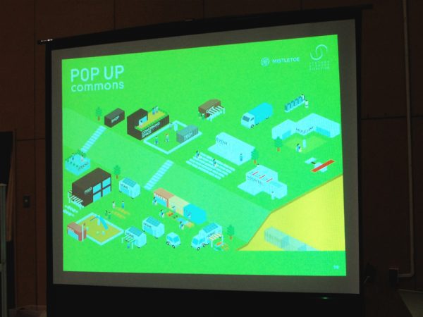 「Popup Commons　いつでもすぐに現れる公共空間」のイメージ図。HOME（家）やWATER（水）、HOSPITAL（病院）、MUSEUM（美術館）、EVENT（イベント）など、様々な機能を持ったコンテナが配置されることで都市機能が形成される