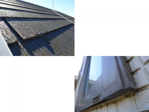左上：苔が目立ちはじめた築12年のスレート屋根。右下：サッシまわりのコーキングは柔軟性が失われていたら打ち直しのサイン