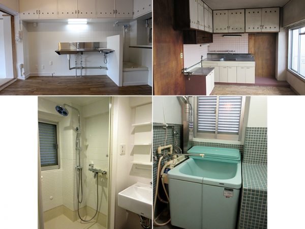 往年の吊戸棚のデザイン（上右）を生かしたままでシステムキッチンを新しく入れ替えた（上左）。浴槽（下右）をやめて高機能なシャワーセットだけにすることで、新たに脱衣スペースを作りだした住戸も（下左）