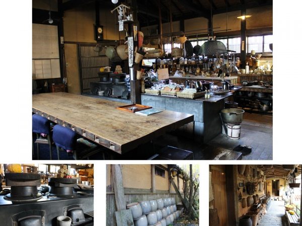阿部家の食事時には、この大きなテーブル1つを仲良く宿泊客全員が囲む（上）。もともとあったものを一回り大きく復元したいという「かまど」（下：左）。裏庭にぎっしりと立てかけられた坪も花を生けたりと現役だ（下：中）。台所からお風呂に続く外通路も風情がある。土壁に数々のざるやかごが並び、軒下には柚餅子と干し大根が寒風にさらされていた（下：右）