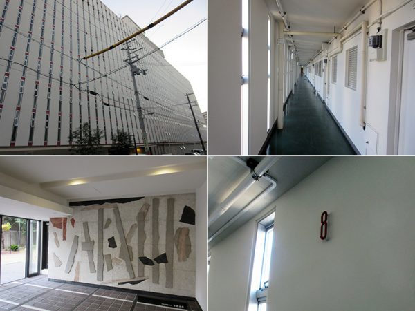 特徴的なファサード（上左）と明るい光の差し込む共用廊下（上右）は当時のまま。エントランスホールには再び、吉原治良氏の壁画を設置（下左）。階数表示も59年前のデザインを引き継いでいる。古さをまったく感じない