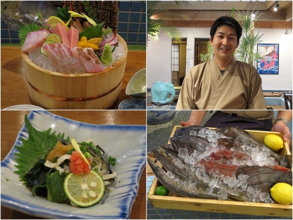 顔写真は、お話をうかがった食匠厨房 取締役の浅井英彦さん。「分福」は「お造りの五種桶盛り」や新鮮な朝獲れ魚を提供する</br>「目の前で選べる焼き魚・煮魚」など、特に魚料理に自信を持つ店。左下は「ふぐ皮ポン酢」（580円）。</br>銭湯に来た気分で食事とお酒が楽しめる。会話も弾みそうだ　※価格は税抜