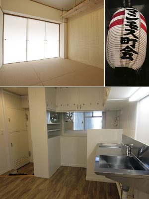 あらかじめ有孔ボードを壁に設置し、自由に飾ったり収納できるようにしたプラン（上左）、元々あった台所収納や玄関扉の牛乳受けなどは白い塗装を刷新して残した（下）。マンモス町会が活気を取り戻せるか期待が集まる（右上）