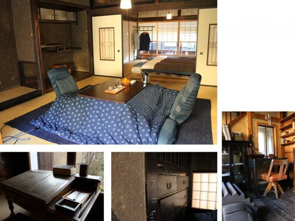 2008年から宿泊施設として多くの人を迎える「他郷阿部家」。母家は島根県の文化財にも指定されているため、当時の建物を忠実に再現している。母家の客室は3間続き（上段）。もう一部屋には便せんが用意された机が置かれちょっとした書斎の雰囲気。普段はメールでやりとりをする現代人も、窓の外を眺めながらゆっくりと言葉をつむぐ時間も滞在中の楽しみのひとつ（下段：左）。かつてこの家に暮らした人の記憶を残したいと、阿部家の階段箪笥には子どもたちがクレヨンで背比べをした痕もそのまま残されている（下段：中）。登美氏がお気に入りの書斎（下段：右）