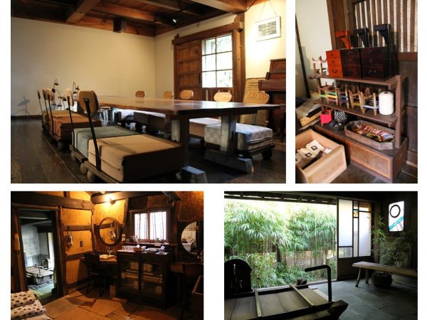 ほとんど昔のままを復元された蔵の中は、ホームシアターに。（上：左）。部屋の片隅には、はぎれや糸が置かれ「ちくちく」と針仕事を楽しめる（上：右）。お風呂場も個性的で、土壁の脱衣所は温かみを感じさせ、アートと拾い物が混然一体に。丸い鏡は台所のかまどのふちに使われている「鉄輪」に鏡をはめ込んだものだとか（下：左）。寒さが厳しくない季節には、窓を全開に木製の湯船に浸かれるお風呂場（下：右）