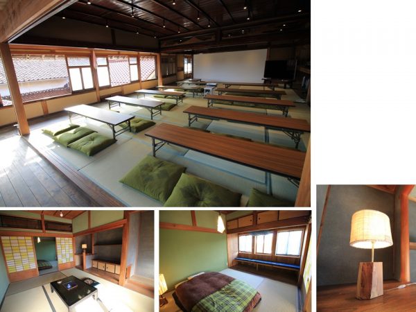 2階の大広間は、スクリーン使いを想定して塗られた真っ白な壁に、プロジェクターやWiFiが揃う。講演会・勉強会、ご近所さんのお茶の間・工房として使われる予定。左側と後方は窓で開け放つことができるので解放感抜群。ちょっと都市部にはない会場だ（上段）。写真の下段はオーナーのプライベート個室の様子。ベッドルームとの2間続き（下段：左・中）。リノベーションのデザイン監修はご自身もUターン者で地域のキーマンとなる「合同会社Design Office Sukimono」が手がけたもの。ランプシェードもSukimonoの作品だ（下段：右）