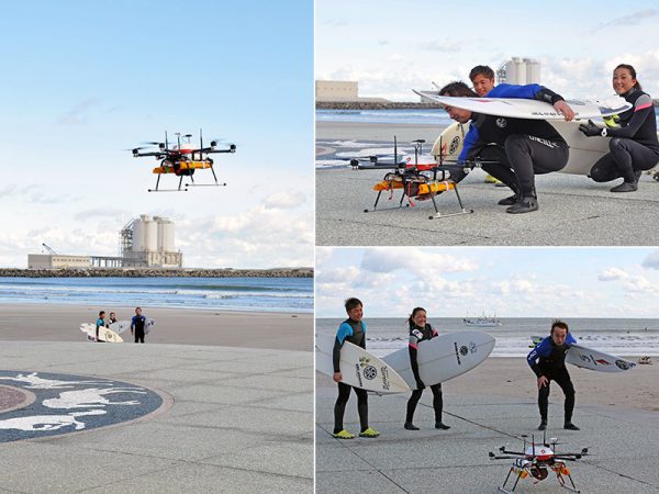 2017年1月12日に実施されたドローン実験の様子。ドローンを活用した物流システムの性能評価手法を開発するためのNEDOプロジェクトの一環として、株式会社自律制御システム研究所が主体となり実施された。利用されたドローンは、楽天のドローン配送サービス「そら楽」の専用機である「天空」のベースとなる「ACSL－PF1」。写真提供：南相馬市役所